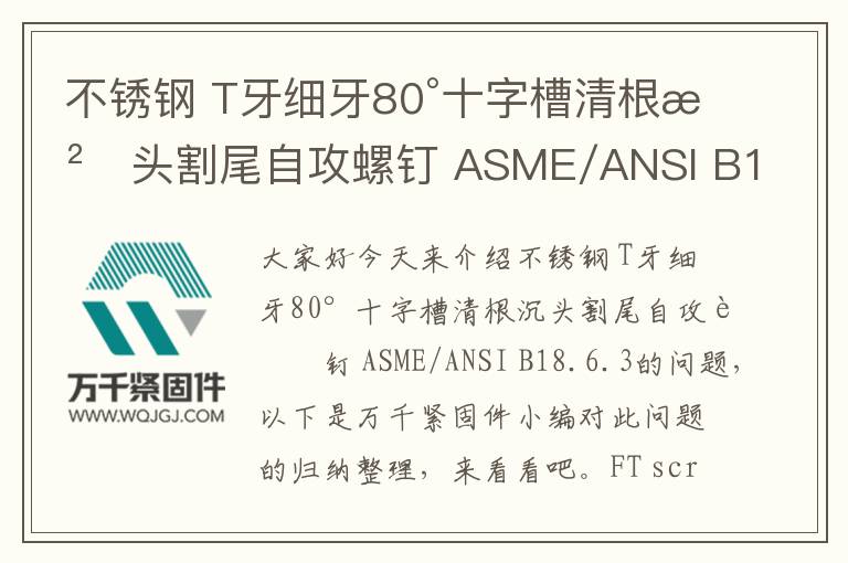 不銹鋼 T牙細牙80°十字槽清根沉頭割尾自攻螺釘 ASME/ANSI B18.6.3